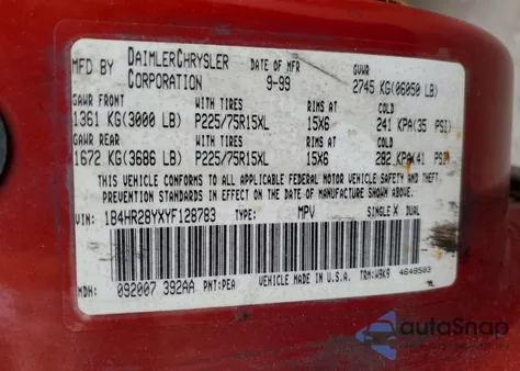 2000 Dodge Durango z USA, uszkodzony, nr VIN 1B4HR28YXYF128783